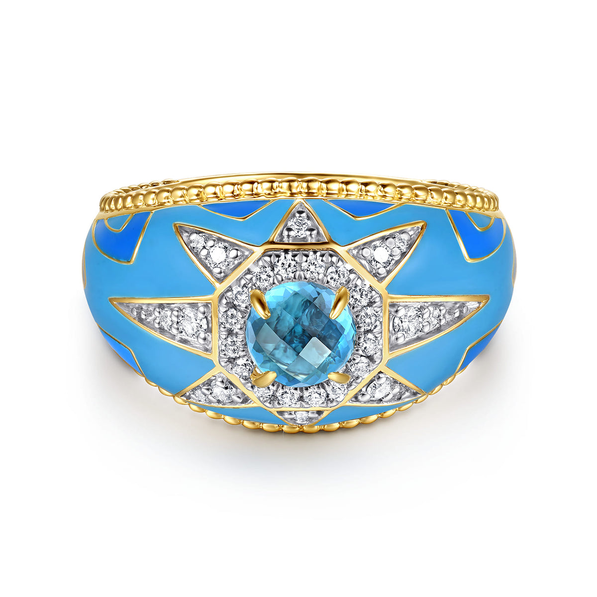 14K Yellow Gold Bujukan Diamond and Blue Topaz Wide Band with Blue and Dust Blue and White Enamel — Gabriel & Co. LR53071EMY45BT