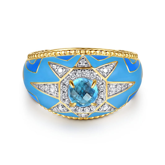 14K Yellow Gold Bujukan Diamond and Blue Topaz Wide Band with Blue and Dust Blue and White Enamel — Gabriel & Co. LR53071EMY45BT