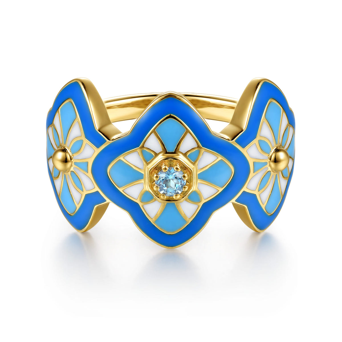 14K Yellow Gold Bujukan Blue Topaz Floral Wide Band with Blue, Dusk Blue and White Enamel — Gabriel & Co. LR53074EMY4JBT