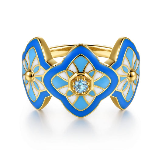 14K Yellow Gold Bujukan Blue Topaz Floral Wide Band with Blue, Dusk Blue and White Enamel — Gabriel & Co. LR53074EMY4JBT