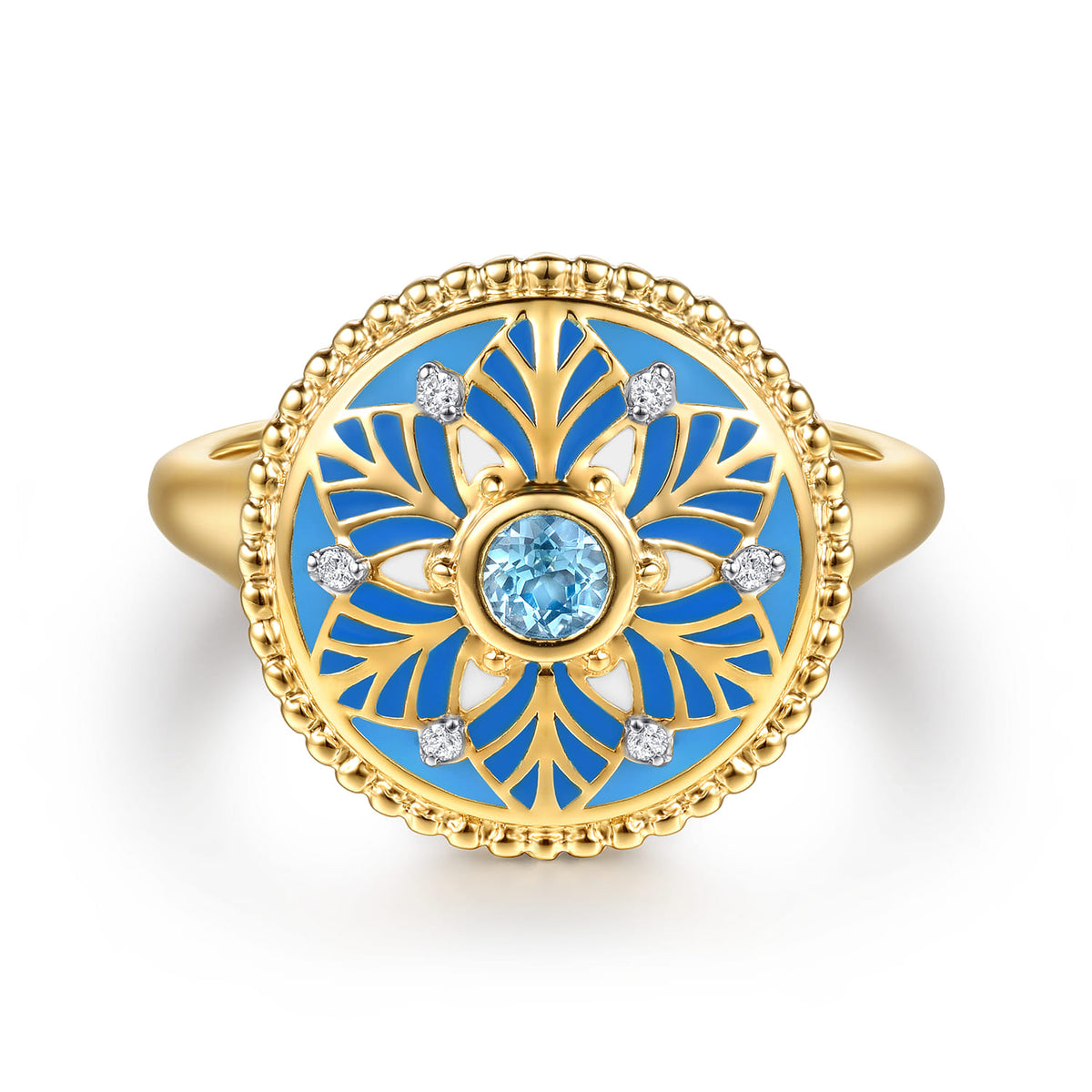 14K Yellow Gold Bujukan Diamond and Blue Topaz Signet Ring with Blue and Dust Blue and White Enamel — Gabriel & Co. LR53075EMY45BT