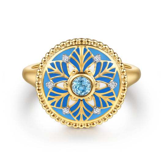 14K Yellow Gold Bujukan Diamond and Blue Topaz Signet Ring with Blue and Dust Blue and White Enamel — Gabriel & Co. LR53075EMY45BT