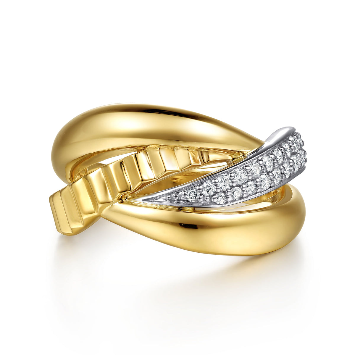14K White&Yellow Gold Diamond and Diamond Cut Criss Cross Ring — Gabriel & Co. LR53102M45JJ