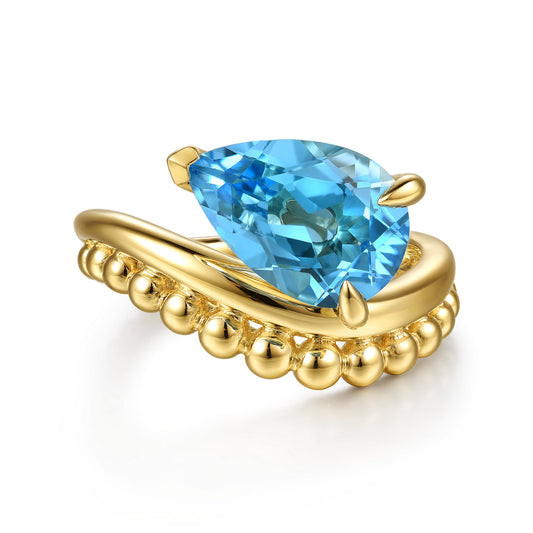 14K Yellow Gold Graduating Bujukan Pear Blue Topaz Curved Ring — Gabriel & Co. LR53112Y4JBT