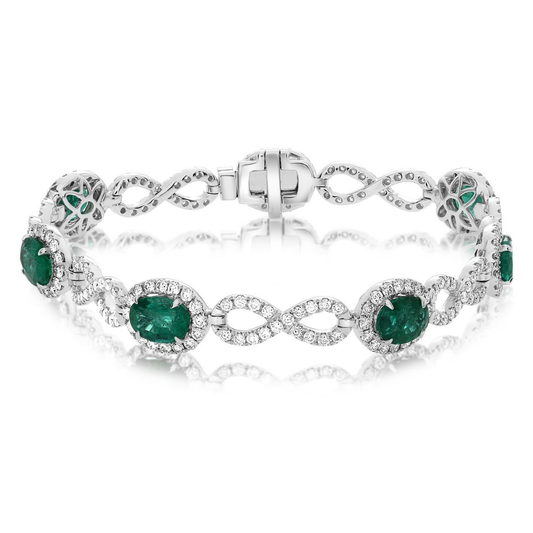 White Gold Emerald and Diamond Infinity Bracelet — view 1