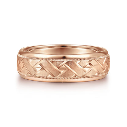 14K Rose Gold 7mm - Engraved Woven Mens Wedding Band in Satin Finish — Gabriel & Co. MBH0166-70K4JJJ