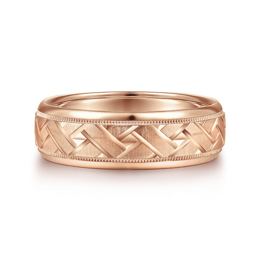 14K Rose Gold 7mm - Engraved Woven Mens Wedding Band in Satin Finish — Gabriel & Co. MBH0166-70K4JJJ