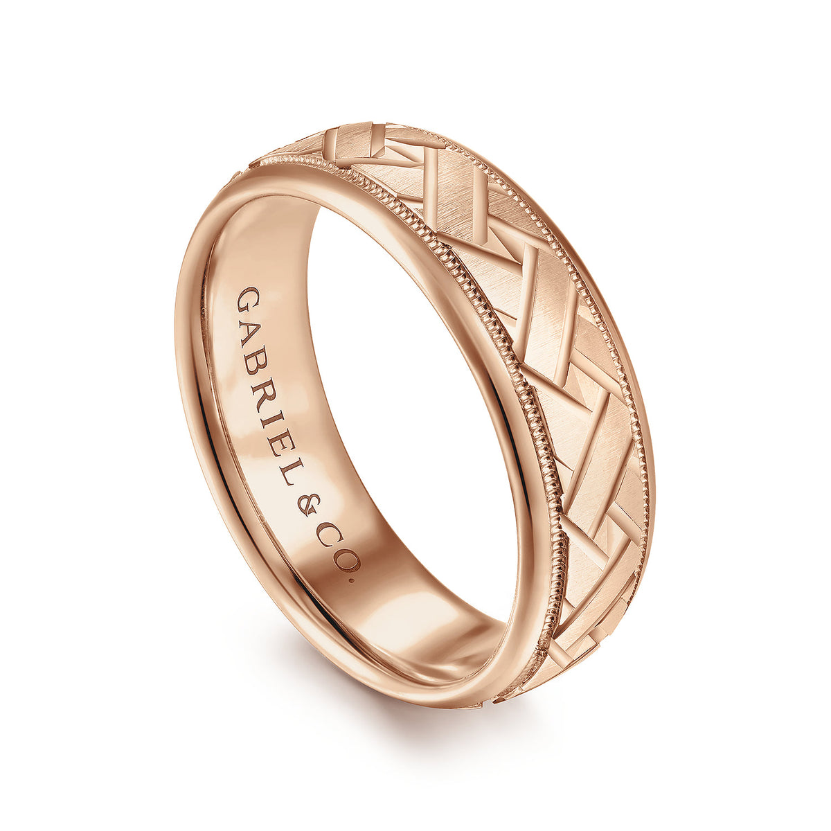 14K Rose Gold 7mm - Engraved Woven Mens Wedding Band in Satin Finish — Gabriel & Co. MBH0166-70K4JJJ