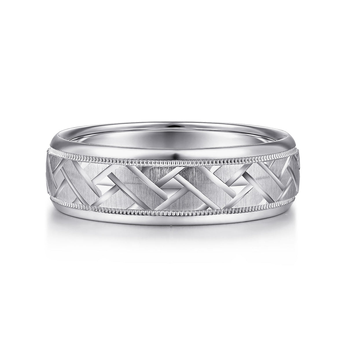14K White Gold 7mm - Engraved Woven Mens Wedding Band in Satin Finish — Gabriel & Co. MBH0166-70W4JJJ
