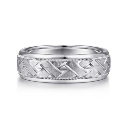 14K White Gold 7mm - Engraved Woven Mens Wedding Band in Satin Finish — Gabriel & Co. MBH0166-70W4JJJ