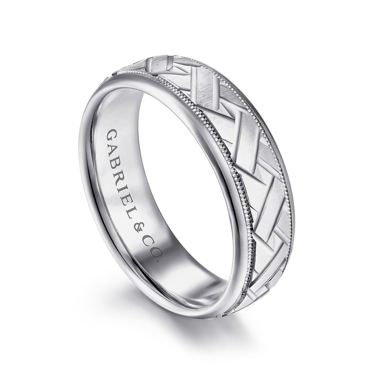 14K White Gold 7mm - Engraved Woven Mens Wedding Band in Satin Finish — Gabriel & Co. MBH0166-70W4JJJ