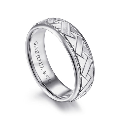 14K White Gold 7mm - Engraved Woven Mens Wedding Band in Satin Finish — Gabriel & Co. MBH0166-70W4JJJ