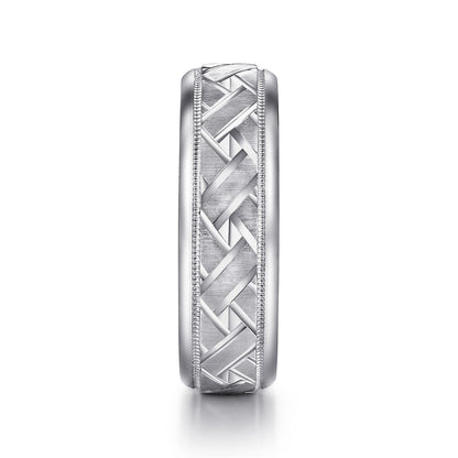 14K White Gold 7mm - Engraved Woven Mens Wedding Band in Satin Finish — Gabriel & Co. MBH0166-70W4JJJ