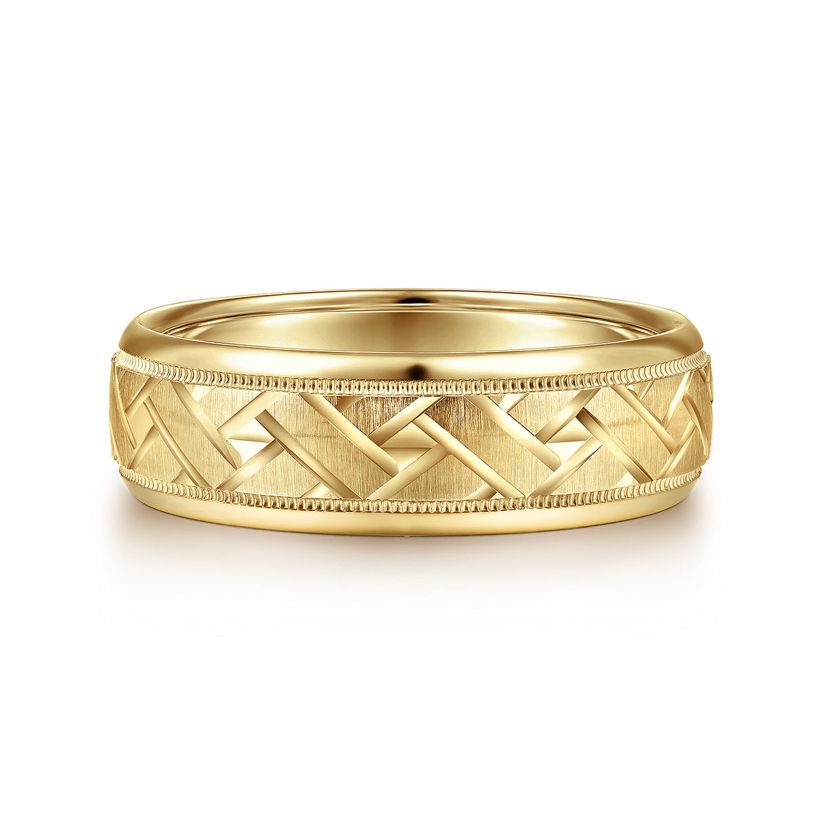 14K Yellow Gold 7mm - Engraved Woven Men's Wedding Band in Satin Finish — Gabriel & Co. MBH0166-70Y4JJJ