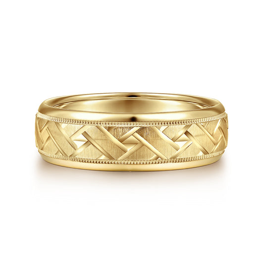 14K Yellow Gold 7mm - Engraved Woven Men's Wedding Band in Satin Finish — Gabriel & Co. MBH0166-70Y4JJJ