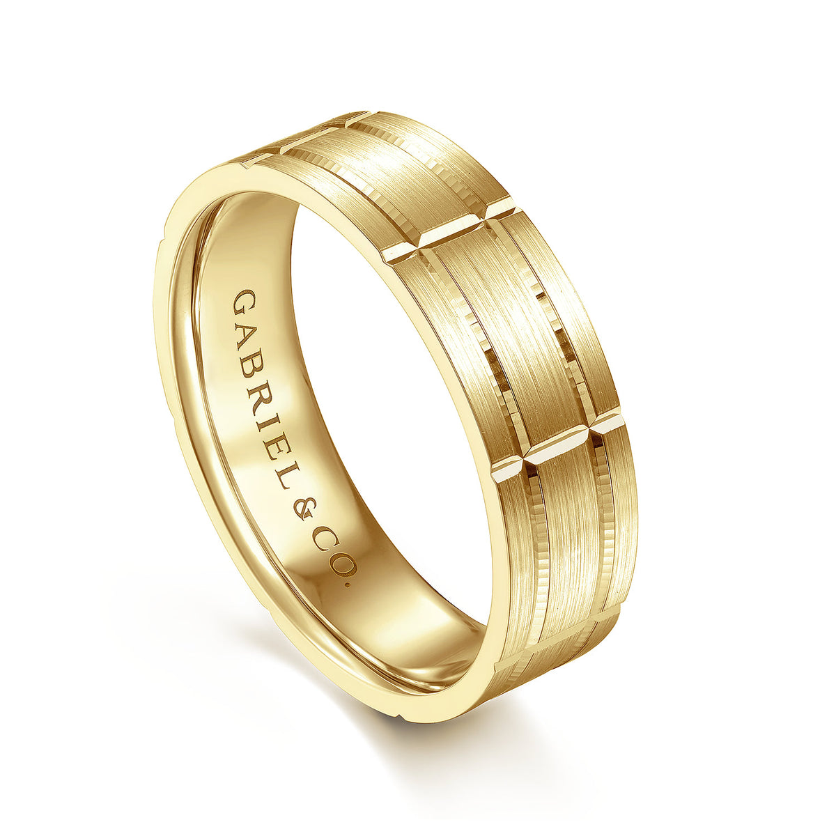 14K Yellow Gold 6mm - Checkerboard Pattern Mens Wedding Band in Satin Finish — Gabriel & Co. MBL0149-60Y4JJJ