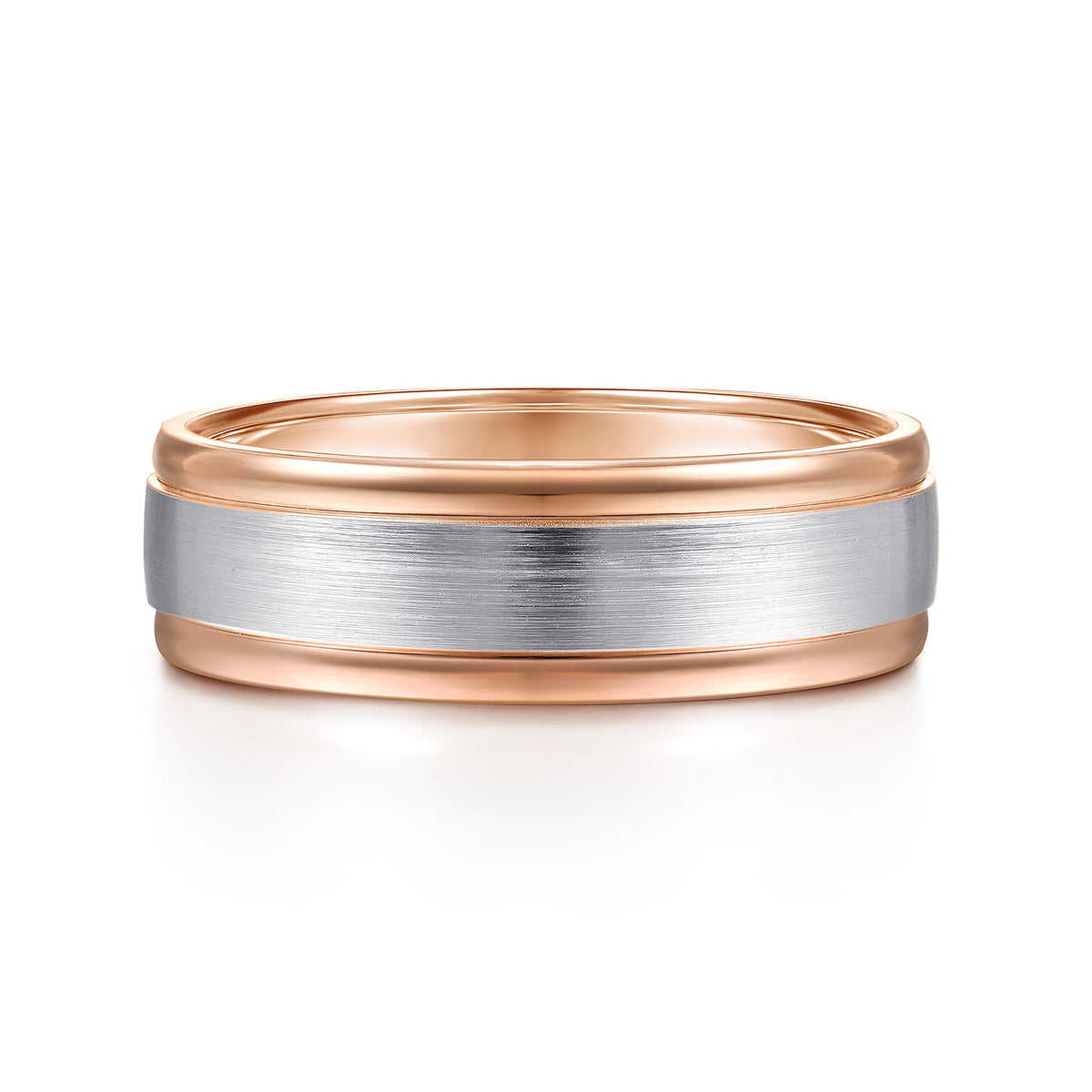 14K White-Rose Gold 7mm - Two Tone Mens Wedding Band in Satin Finish — Gabriel & Co. MBM0100-70T4JJJ