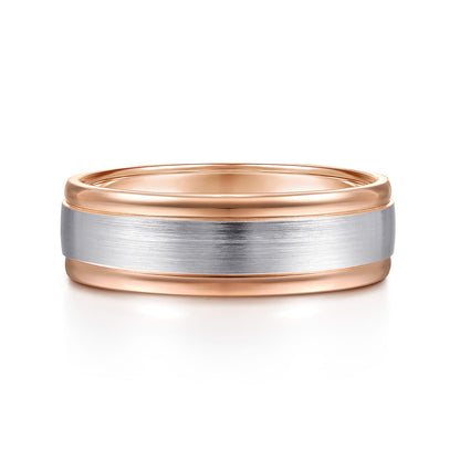 14K White-Rose Gold 7mm - Two Tone Mens Wedding Band in Satin Finish — Gabriel & Co. MBM0100-70T4JJJ