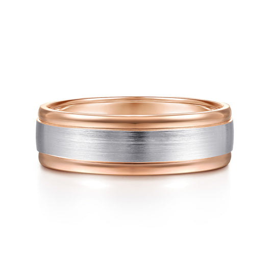 14K White-Rose Gold 7mm - Two Tone Mens Wedding Band in Satin Finish — Gabriel & Co. MBM0100-70T4JJJ