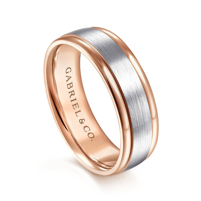 14K White-Rose Gold 7mm - Two Tone Mens Wedding Band in Satin Finish — Gabriel & Co. MBM0100-70T4JJJ