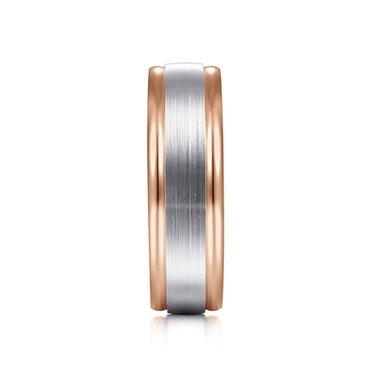 14K White-Rose Gold 7mm - Two Tone Mens Wedding Band in Satin Finish — Gabriel & Co. MBM0100-70T4JJJ