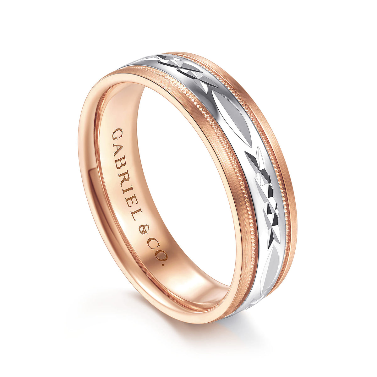 14K White-Rose 6mm - Engraved Mens Wedding Band in Satin Finish — Gabriel & Co. MBM0119-60T4JJJ