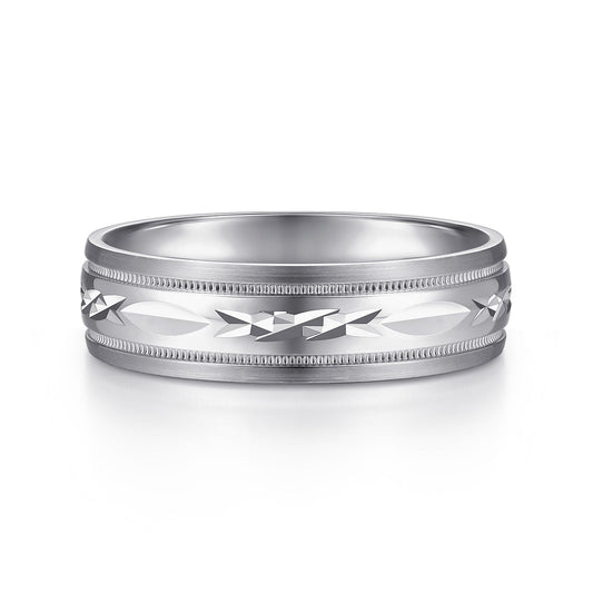 14K White 6mm - Engraved Mens Wedding Band in Satin Finish — Gabriel & Co. MBM0119-60W4JJJ