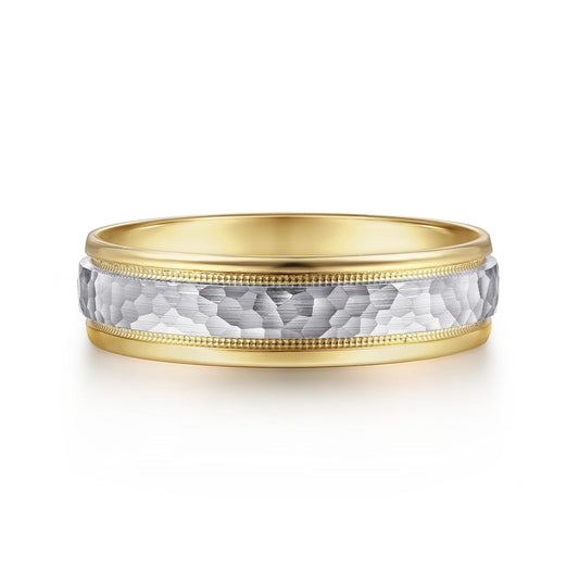 14K White-Yellow Gold 6mm - Two Tone Hammered Men's Wedding Band with Milgrain Edge — Gabriel & Co. MBM0176-60M4JJJ