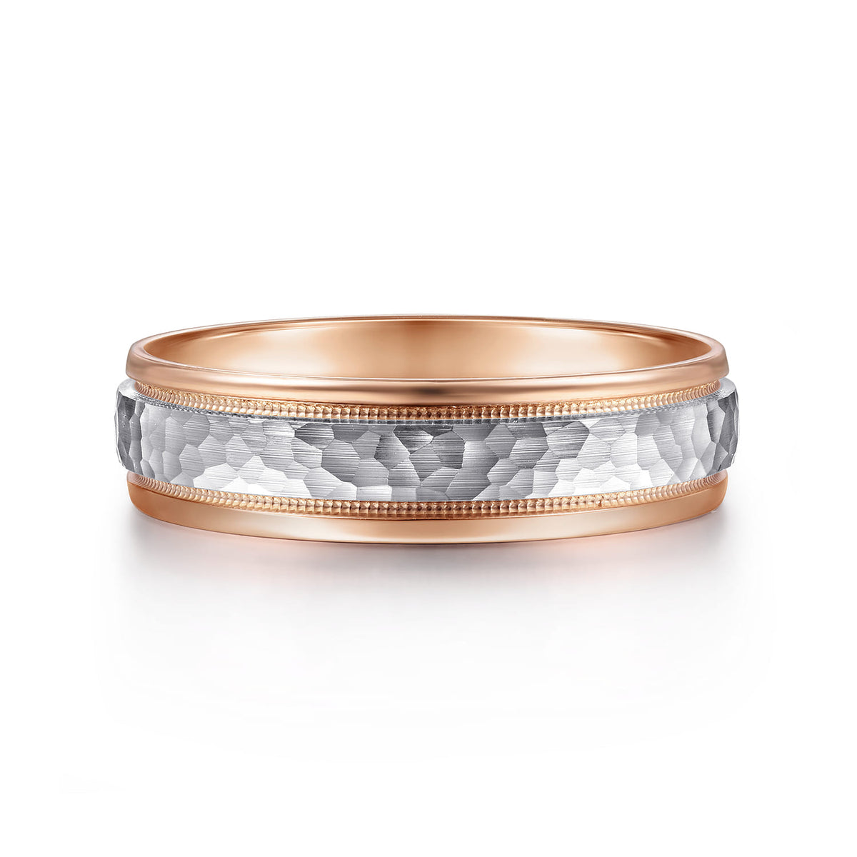 14K White-Rose Gold 6mm - Two Tone Hammered Mens Wedding Band with Milgrain Edge — Gabriel & Co. MBM0176-60T4JJJ