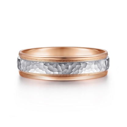 14K White-Rose Gold 6mm - Two Tone Hammered Mens Wedding Band with Milgrain Edge — Gabriel & Co. MBM0176-60T4JJJ