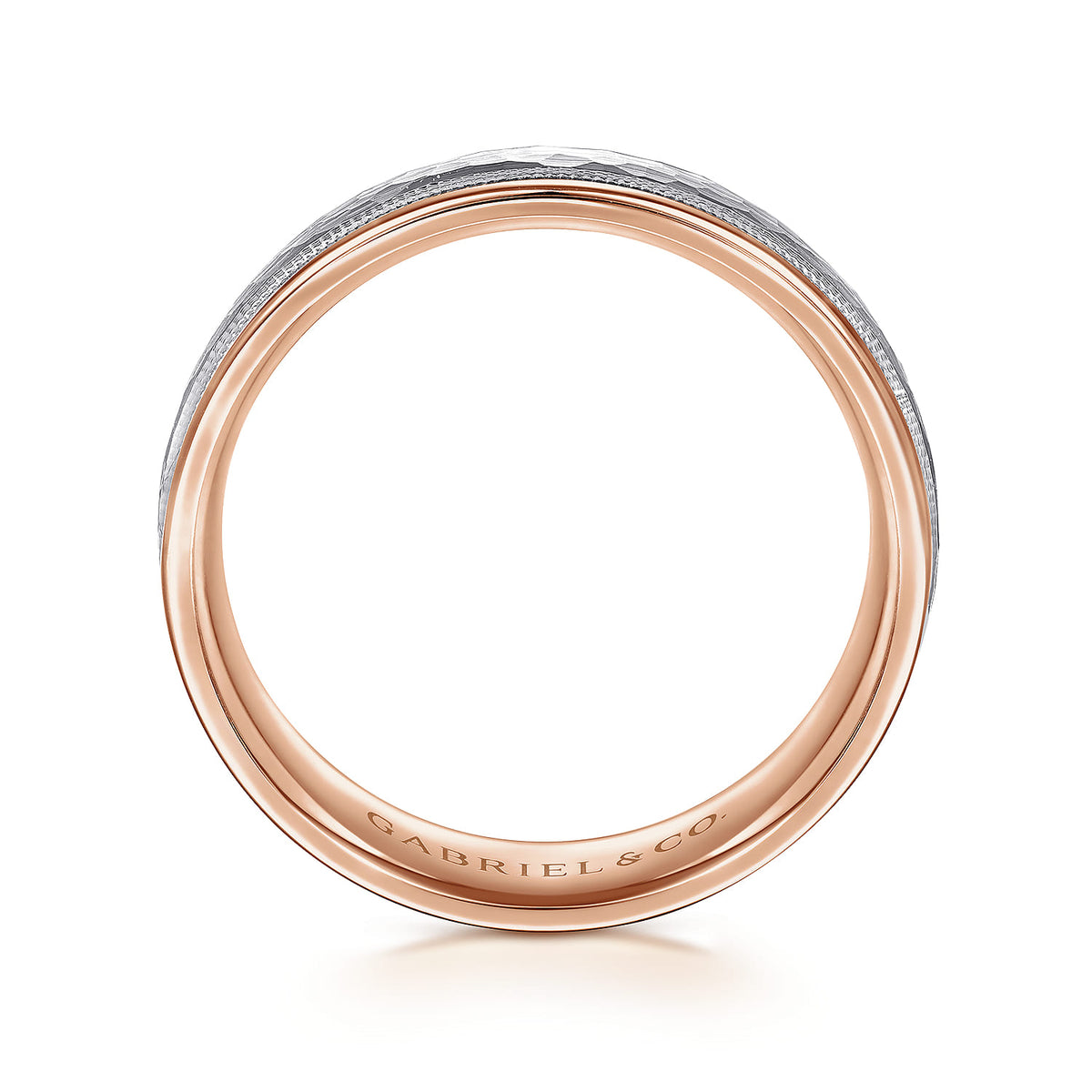 14K White-Rose Gold 6mm - Two Tone Hammered Mens Wedding Band with Milgrain Edge — Gabriel & Co. MBM0176-60T4JJJ