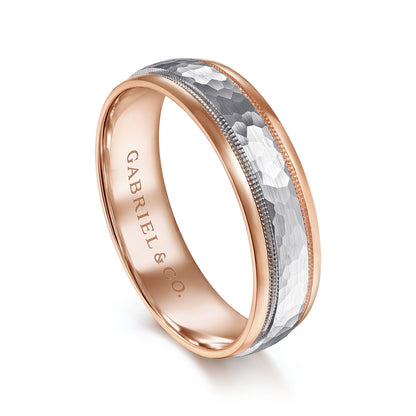 14K White-Rose Gold 6mm - Two Tone Hammered Mens Wedding Band with Milgrain Edge — Gabriel & Co. MBM0176-60T4JJJ