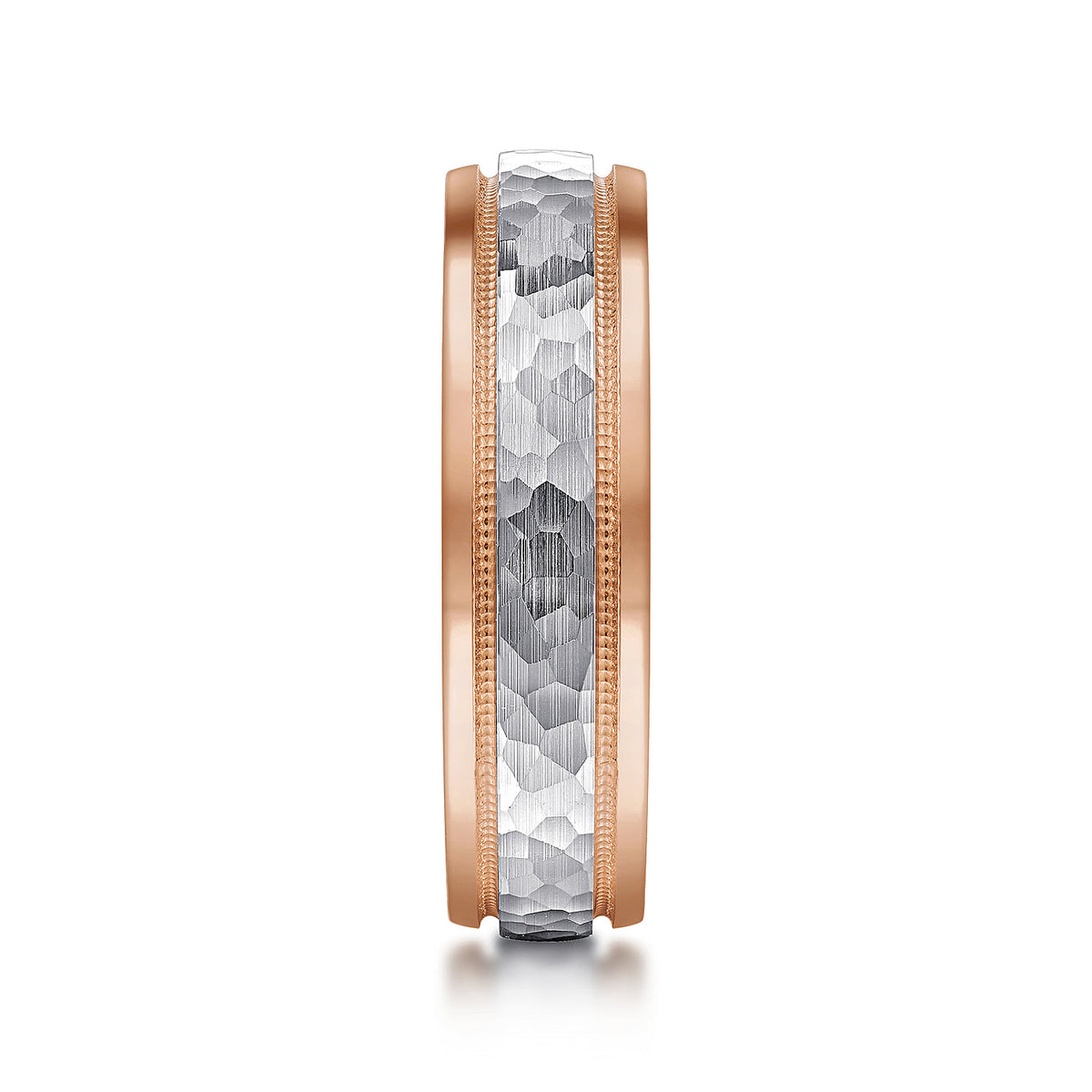 14K White-Rose Gold 6mm - Two Tone Hammered Mens Wedding Band with Milgrain Edge — Gabriel & Co. MBM0176-60T4JJJ