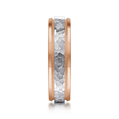 14K White-Rose Gold 6mm - Two Tone Hammered Mens Wedding Band with Milgrain Edge — Gabriel & Co. MBM0176-60T4JJJ