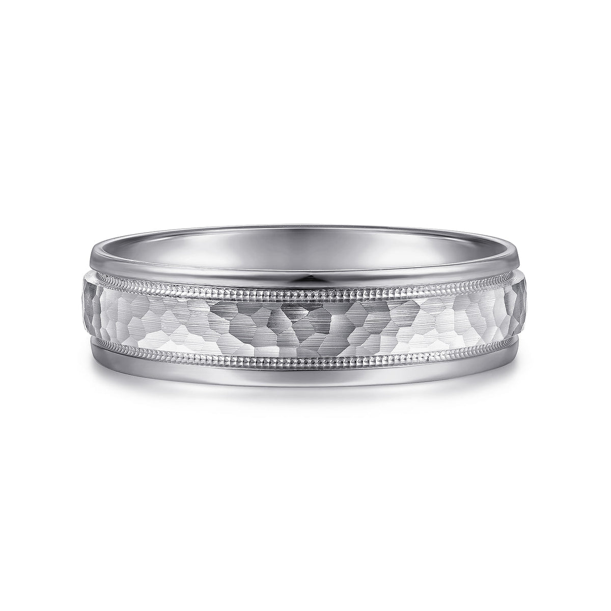 14K White Gold 6mm - Hammered Mens Wedding Band with Milgrain Edge — Gabriel & Co. MBM0176-60W4JJJ