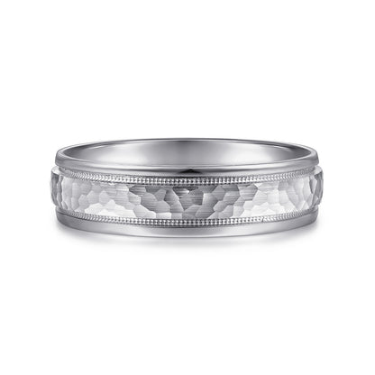14K White Gold 6mm - Hammered Mens Wedding Band with Milgrain Edge — Gabriel & Co. MBM0176-60W4JJJ