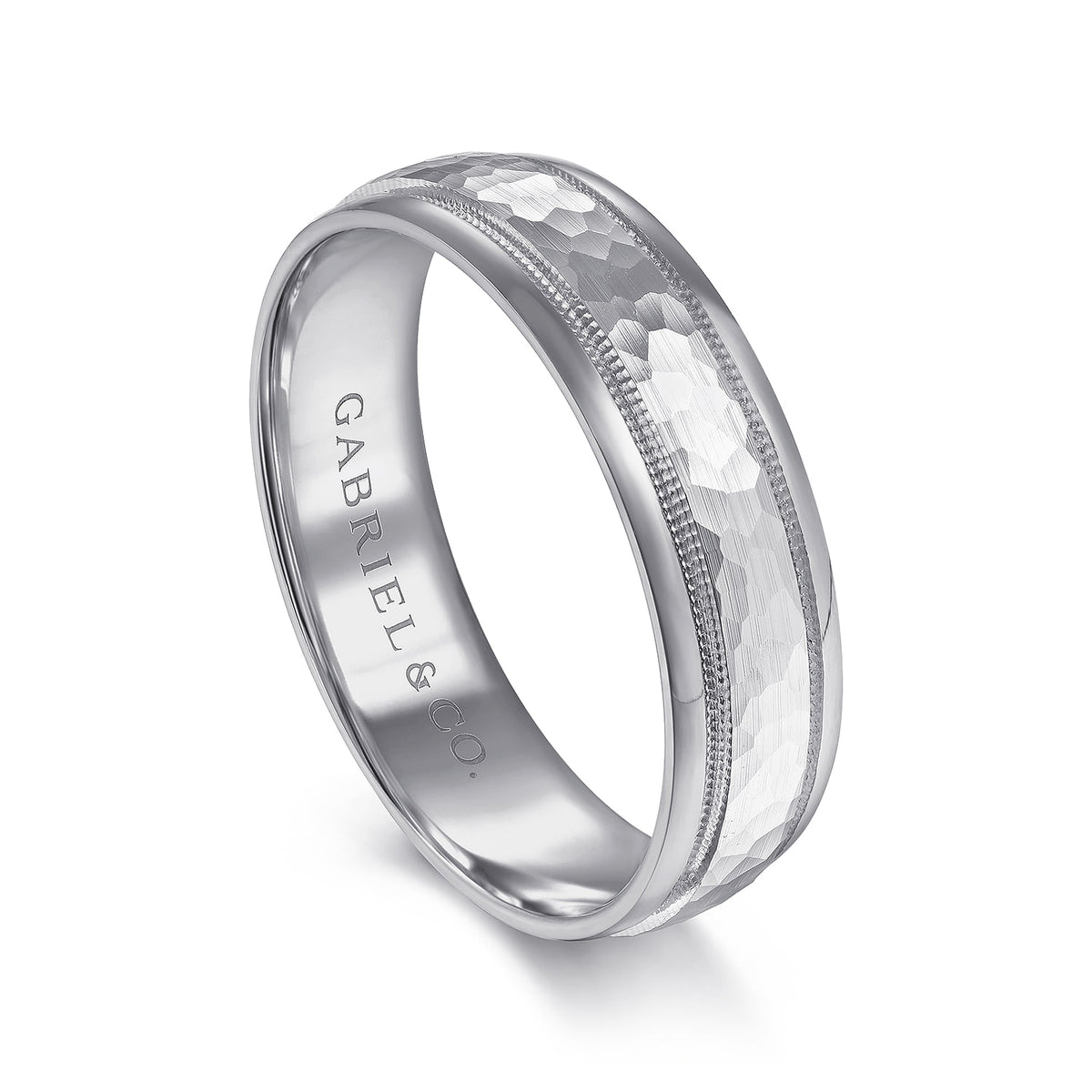 14K White Gold 6mm - Hammered Mens Wedding Band with Milgrain Edge — Gabriel & Co. MBM0176-60W4JJJ