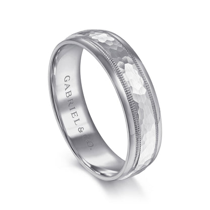14K White Gold 6mm - Hammered Mens Wedding Band with Milgrain Edge — Gabriel & Co. MBM0176-60W4JJJ