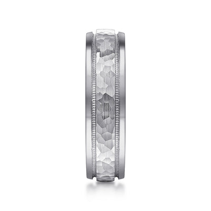 14K White Gold 6mm - Hammered Mens Wedding Band with Milgrain Edge — Gabriel & Co. MBM0176-60W4JJJ