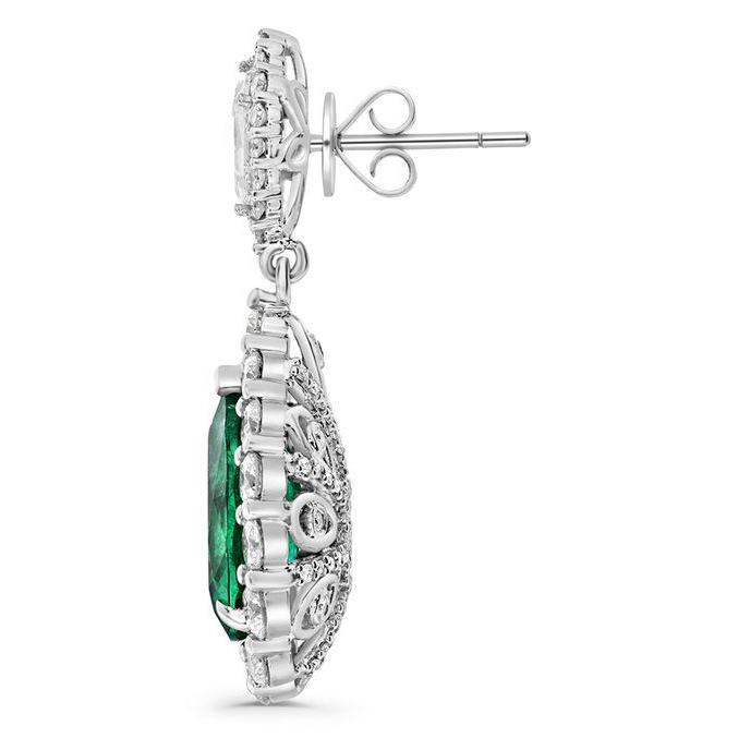 Pear Shape Emerald and Diamond Drop Earrings — view 2