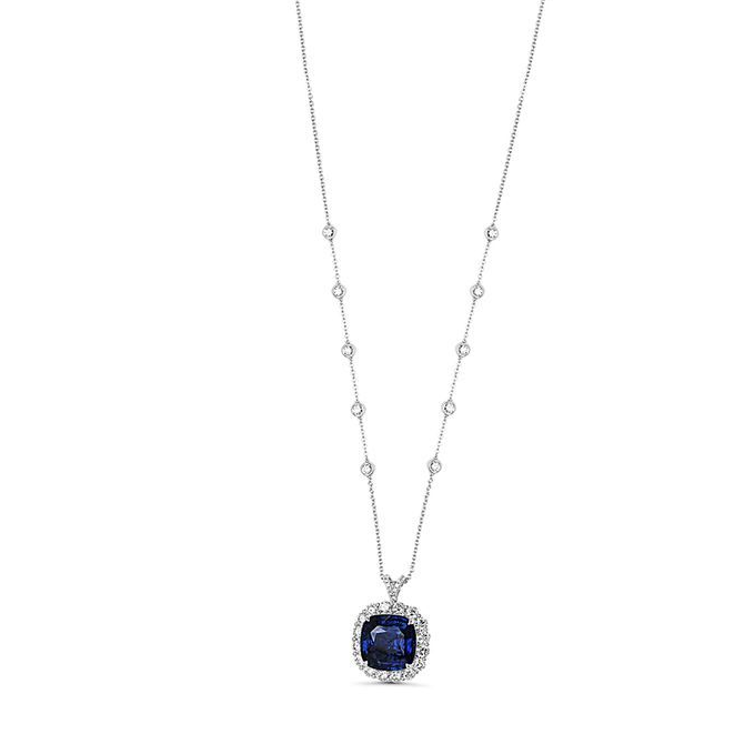 Platinum Halo Necklace with Cushion Cut Sapphire Centerpiece — view 1