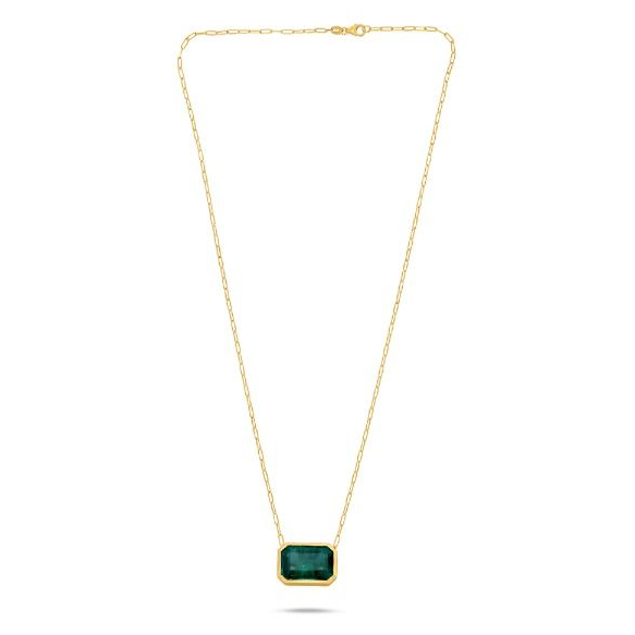 Yellow Gold Paper Clip Bezel Emerald Necklace — view 1