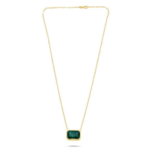 Yellow Gold Paper Clip Bezel Emerald Necklace — view 1