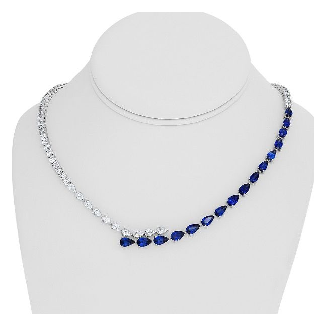 Two Row Pear Shaped Sapphire and Diamond Necklace — view 3