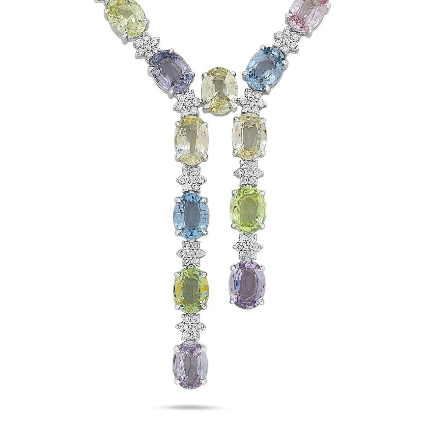 Oval Multi Colored Sapphire Necklace — view 2