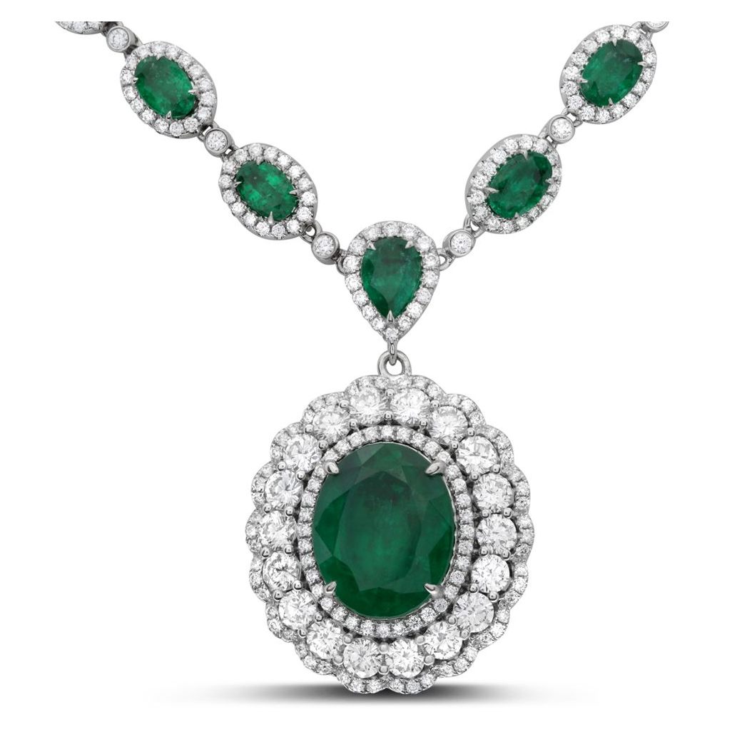 Oval Emerald Flowering Halo Drop Necklace — view 2