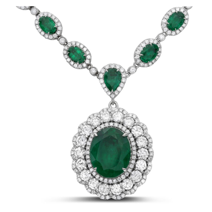 Oval Emerald Flowering Halo Drop Necklace — view 2
