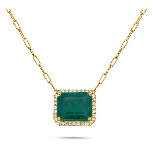 Yellow Gold Paper Clip Halo Emerald Cut Emerald Necklace — view 2