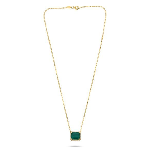 Yellow Gold Paper Clip Halo Emerald Cut Emerald Necklace — view 1