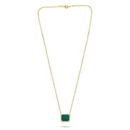 Yellow Gold Paper Clip Halo Emerald Cut Emerald Necklace — view 1